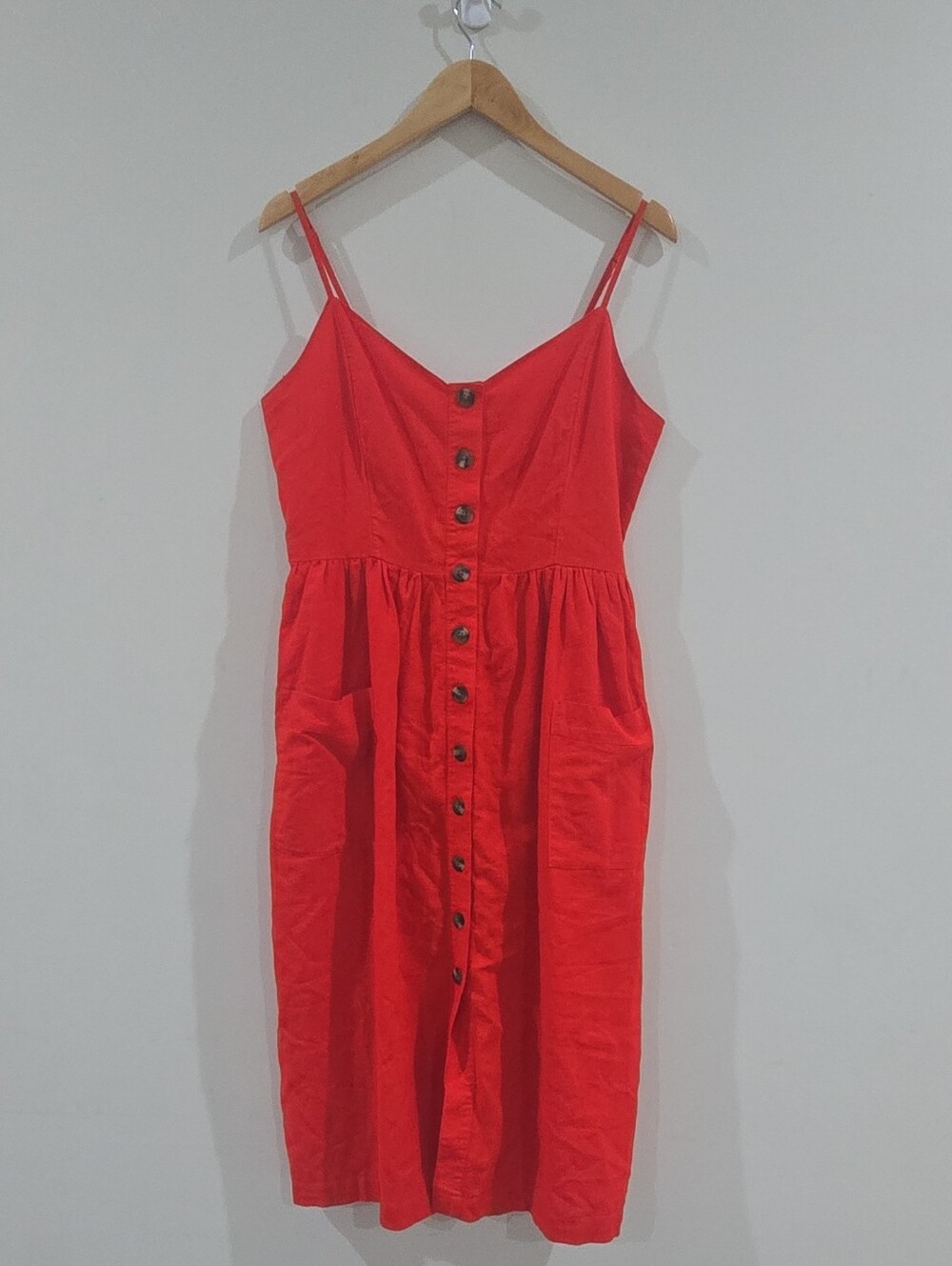 Summer Linen American Eagle Red Solid dress Button Front Pockets Midi Strappy L